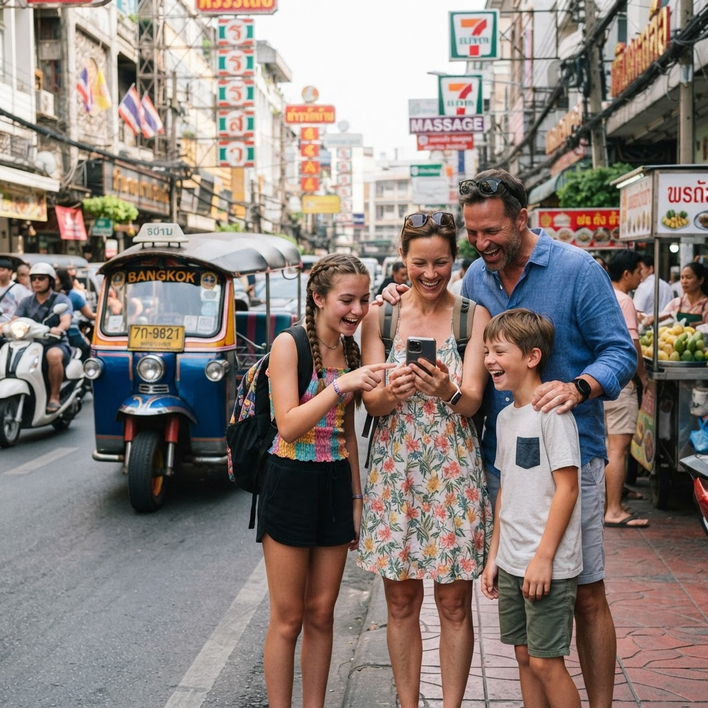 Tourists using the BilionPass app on a Bangkok street